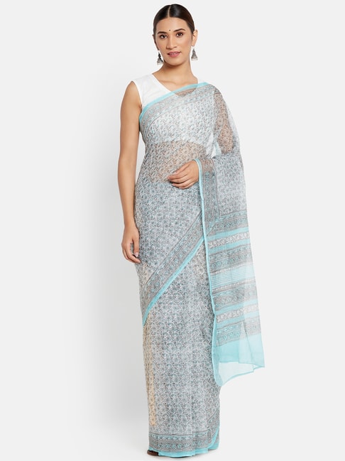 Fabindia Blue Cotton Silk Floral Print Saree Price in India