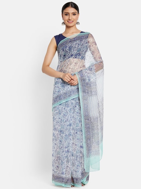 Fabindia Blue Cotton Silk Floral Print Saree Price in India