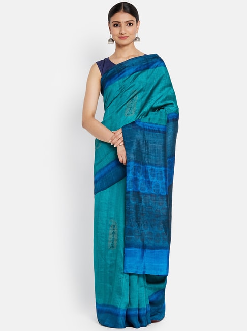 Fabindia Teal Blue Silk Printed Saree Price in India