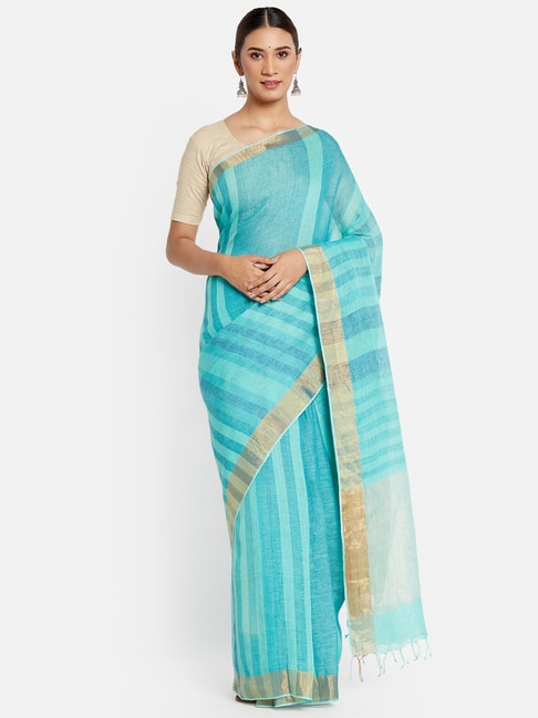 Fabindia Turquoise Linen Striped Saree Price in India
