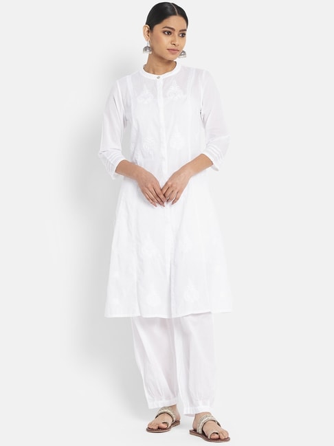 Fabindia White Embroidered Kurta Pant Set Price in India