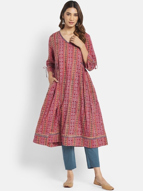 Fabindia Pink & Blue Printed Kurta Pant Set Price in India