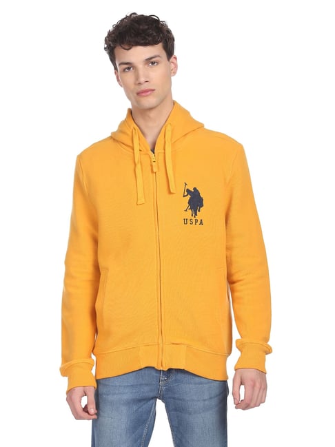 U S Polo Assn U.S. Polo Assn. Yellow Cotton Regular Fit Logo Printed Hooded Sweatshirt