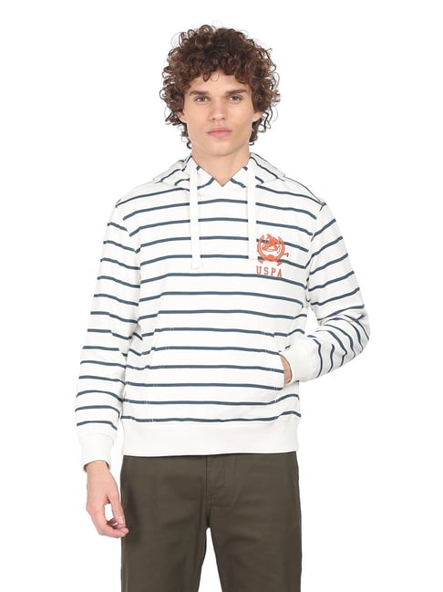 U S Polo Assn U.S. Polo Assn. Off White Regular Fit Striped Hooded Sweatshirt