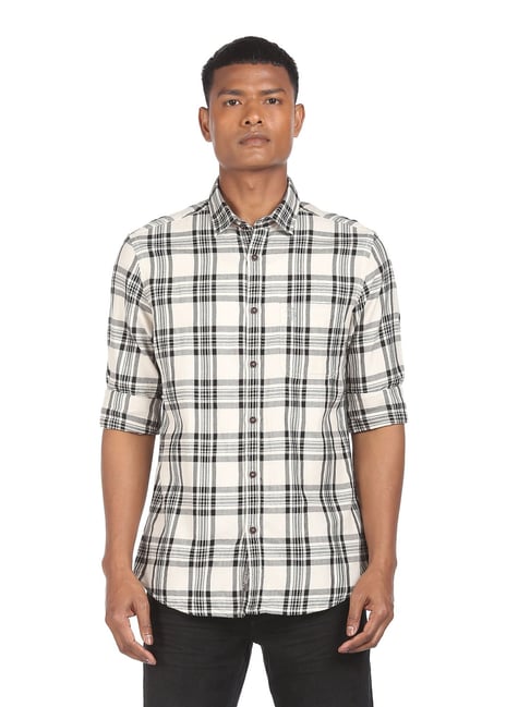 U S Polo Assn U.S. Polo Assn. Beige Cotton Regular Fit Checks Shirt