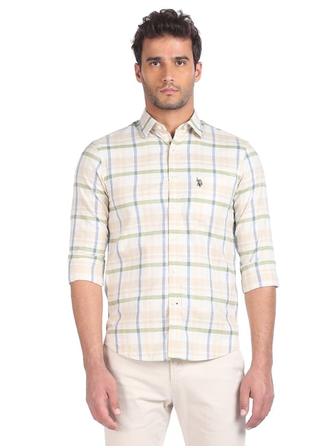 U S Polo Assn U.S. Polo Assn. Beige Cotton Regular Fit Checks Shirt