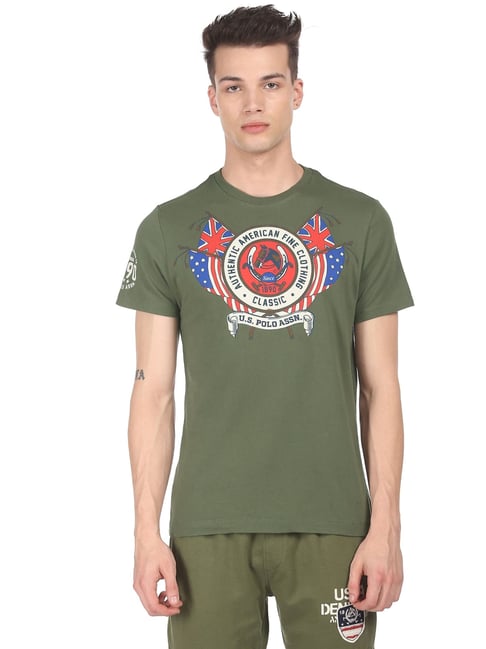 U S Polo Assn U.S. Polo Assn. Green Cotton Regular Fit Printed T-Shirt