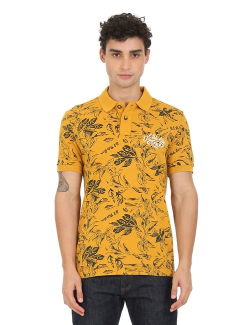 U S Polo Assn U.S. Polo Assn. Yellow Cotton Regular Fit Printed Polo T-Shirt