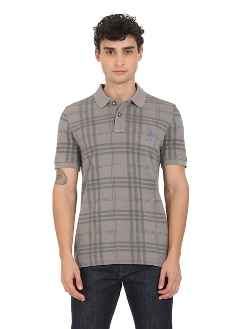 U.S. Polo Assn. Grey Cotton Regular Fit Checks Polo T-Shirt-U.S. Polo Assn.-Apparel-TATA CLIQ