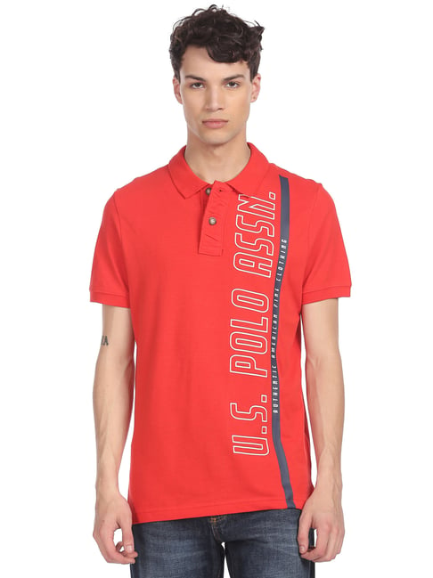 U S Polo Assn U.S. Polo Assn. Red Cotton Regular Fit Printed Polo T-Shirt