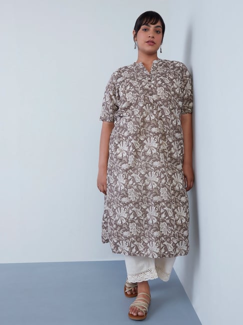 Diza Curves by Westside Taupe Floral Print Straight Kurta Price in India