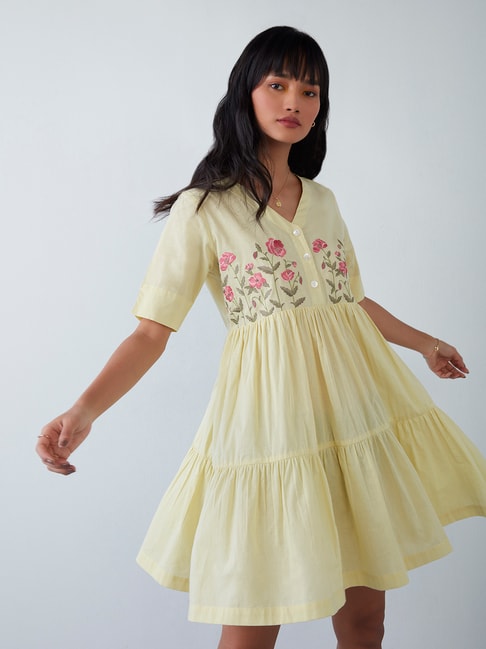 YELLOW FLORAL PRINT HANDBLOCK COTTON DRESS – Gulabi Dori
