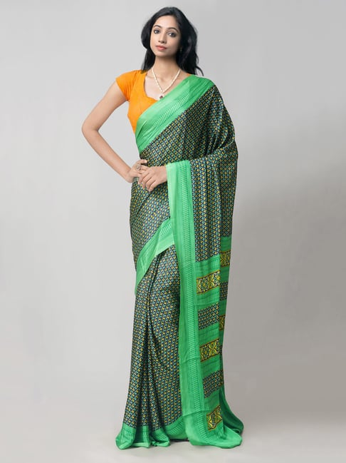 Unnati Silks Navy & Green Printed Saree With Blouse Price in India