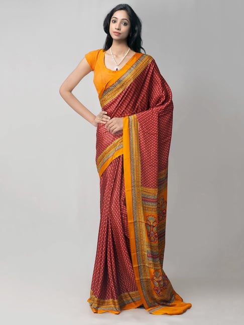 Unnati Silks Maroon Printed Saree With Blouse Price in India