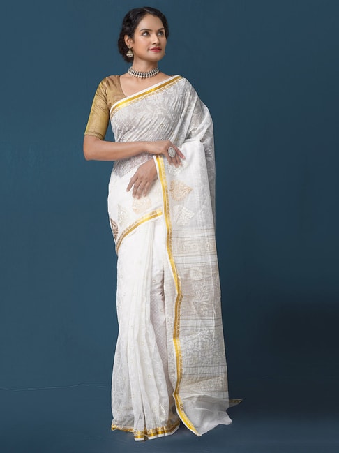 Unnati Silks White Embroidered Saree With Blouse Price in India