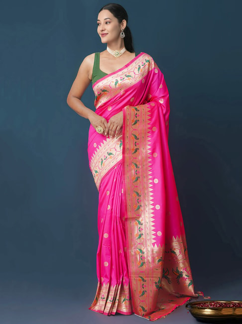 Unnati Silks Dark Pink Saree With Blouse Price in India
