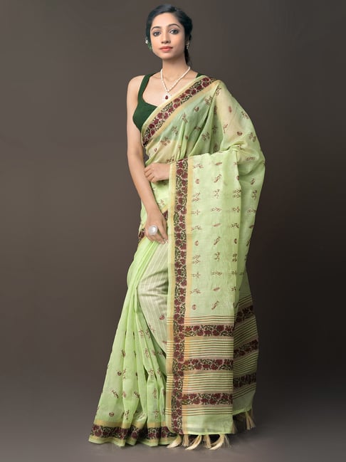 Unnati Silks Light Green Embroidered Saree With Blouse Price in India