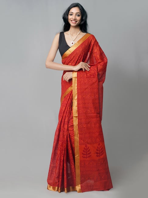 Unnati Silks Dark Red Printed Saree With Blouse Price in India