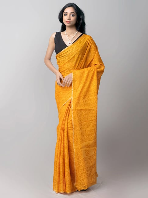 Unnati Silks Mustard Printed Saree With Blouse Price in India
