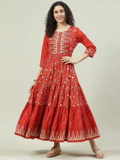 Red Nylon Layered Embroidered Dress