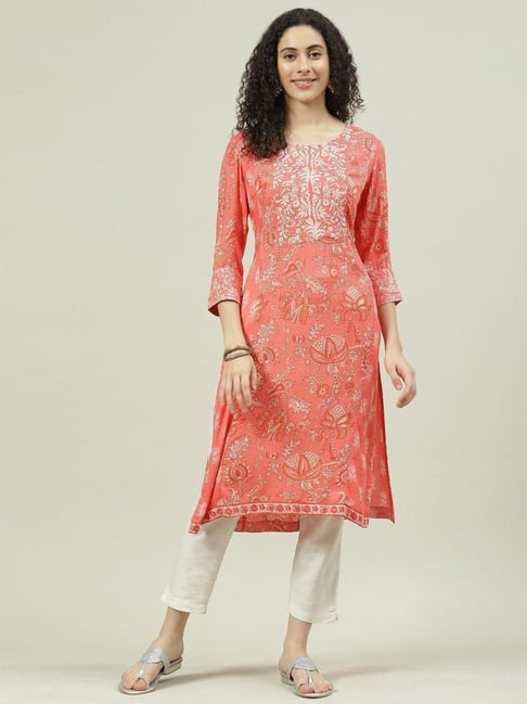 Biba Coral Embroidered Straight Kurta Price in India