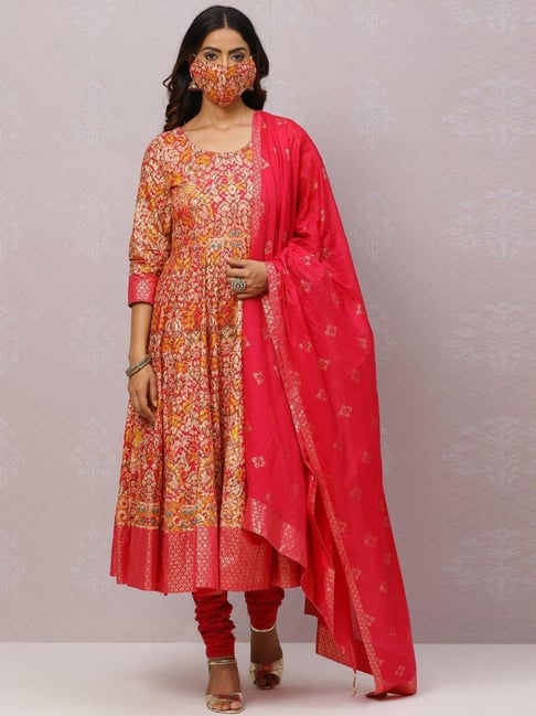 Biba Pink & Red Cotton Printed Kurta Churidar Set With Dupatta