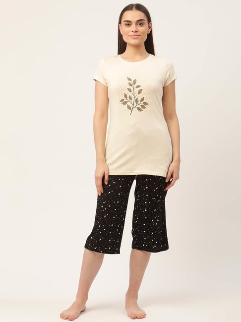 Sweet Dreams Beige & Black Printed T-Shirt With Capris