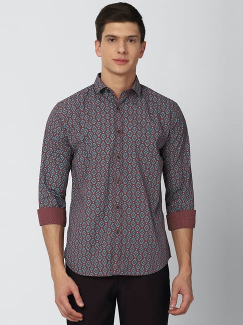 Van Heusen Maroon & Blue Cotton Slim Fit Printed Shirt