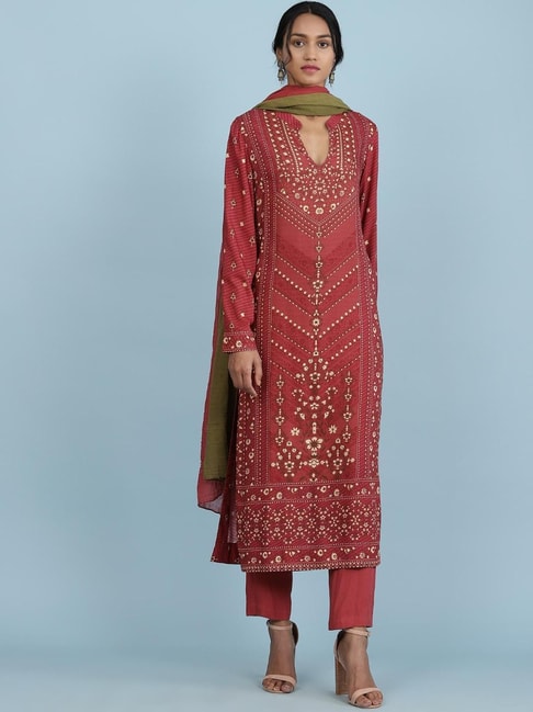 Buy Rust Floral Print Suit Set Online - Ritu Kumar International Store View