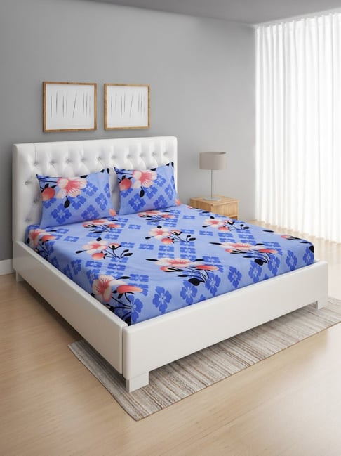 Romee Floral Sky Blue 144 TC Cotton Queen Sized Bed Sheet with 2 Pillow Covers-picture-18