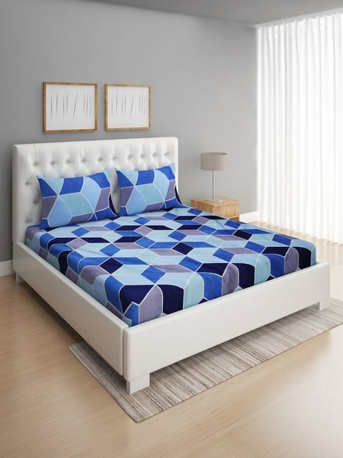 Romee Floral Blue 144 TC Cotton Queen Sized Bed Sheet with 2 Pillow Covers-picture-17