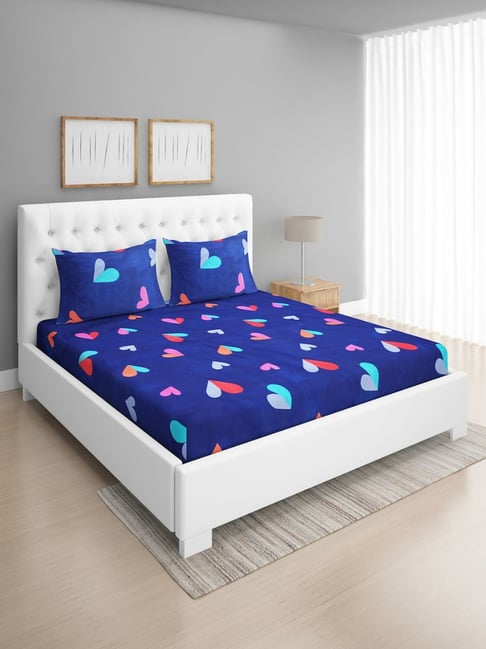 Romee Abstract Blue 144 TC Cotton Queen Sized Bed Sheet with 2 Pillow Covers-picture-24