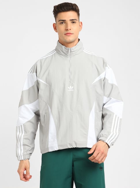 Grey adidas jacket with white stripes sale