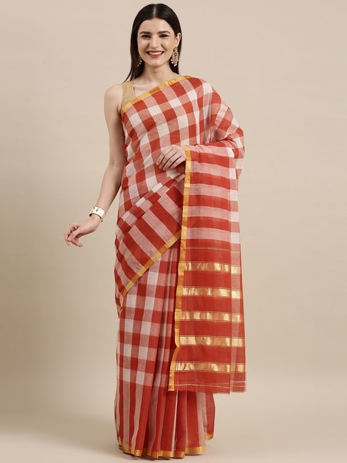 Pavecha's Orange Pure Cotton Chequered Saree With Unstitched Blouse Price in India