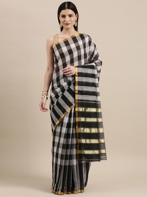 Pavecha's Black Pure Cotton Chequered Saree With Unstitched Blouse Price in India