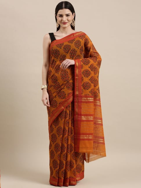 Pavecha's Yellow Pure Cotton Block-Print Saree With Unstitched Blouse Price in India