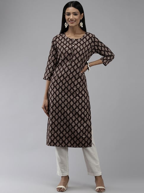 Yufta Brown Printed Straight Kurta Price in India