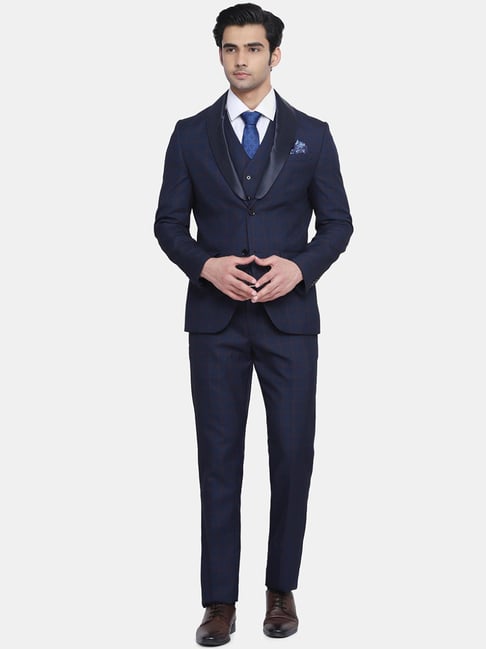 Blackberrys Navy Blue Slim Fit Checks Three Piece Suit