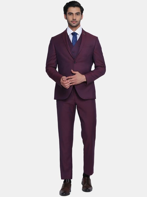 Blackberrys Red Slim Fit Printed Three Piece Suit