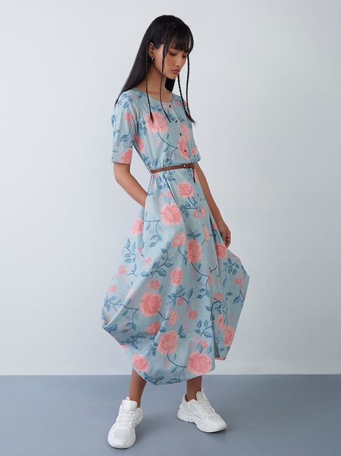 Bombay Paisley by Westside Light Blue Floral Dress With Belt Price in India