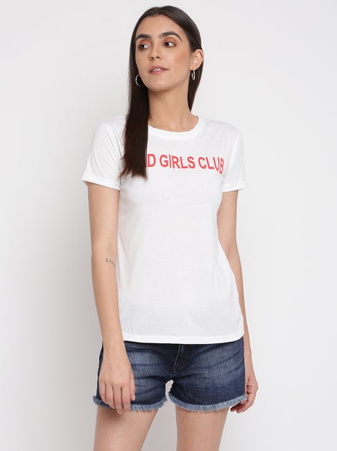 IKI CHIC White Printed Crew T-Shirt Price in India