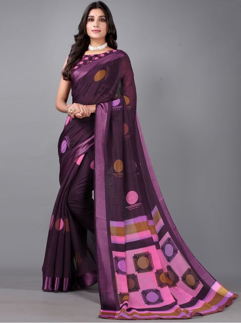 Satrani Purple Printed Saree With Unstitched Blouse Price in India