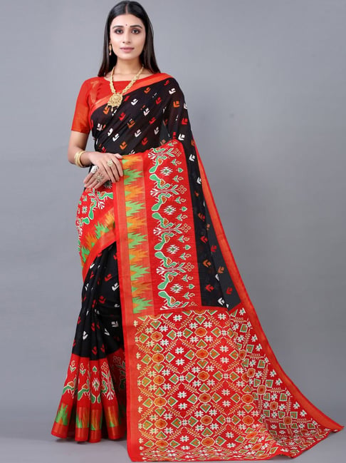 Satrani Black Printed Saree With Unstitched Blouse Price in India