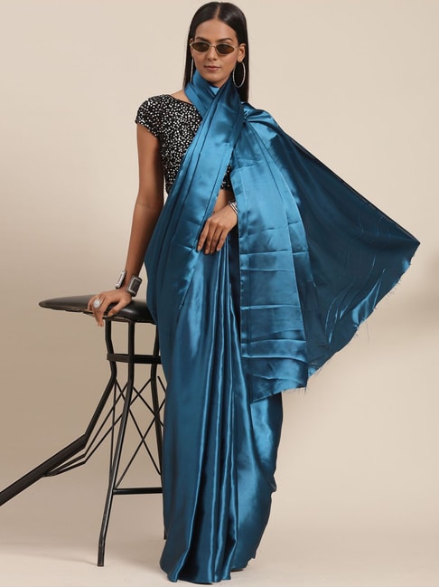 Satrani Teal Blue Saree With Unstitched Blouse Price in India