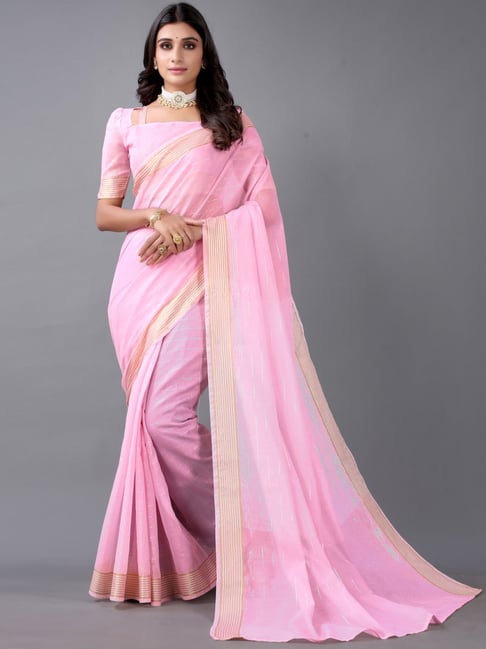 Satrani Pink Woven Saree With Unstitched Blouse Price in India