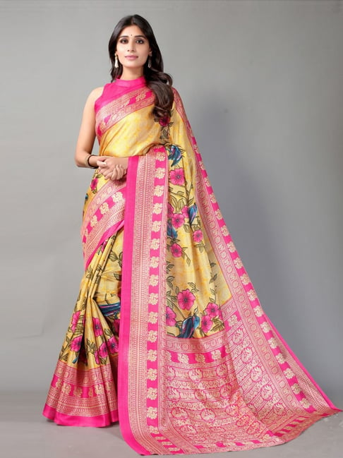 Satrani Yellow & Pink Silk Printed Saree With Unstitched Blouse Price in India