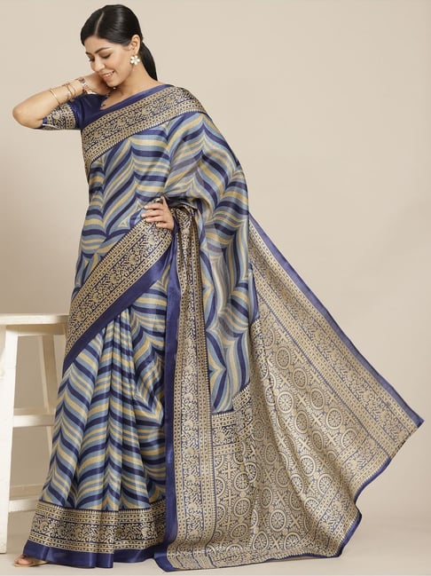 Satrani Blue & Grey Silk Printed Saree With Unstitched Blouse Price in India