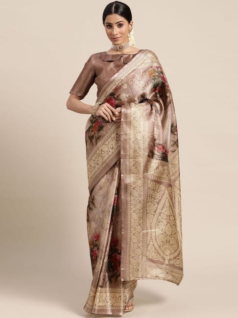 Satrani Brown Silk Floral Print Saree With Unstitched Blouse Price in India