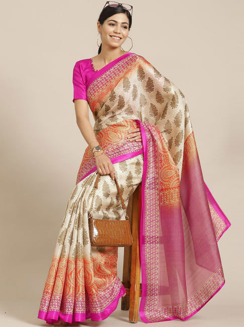 Satrani Cream Silk Printed Saree With Unstitched Blouse Price in India