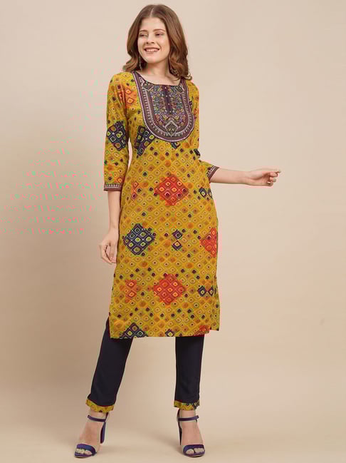 Fashor Yellow & Black Printed Kurta Pant Set